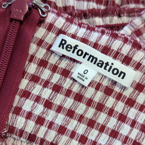 Reformation Gingham Print Halter Peplum Top Burgundy Red Cream - Size 0 - Picture 6 of 7